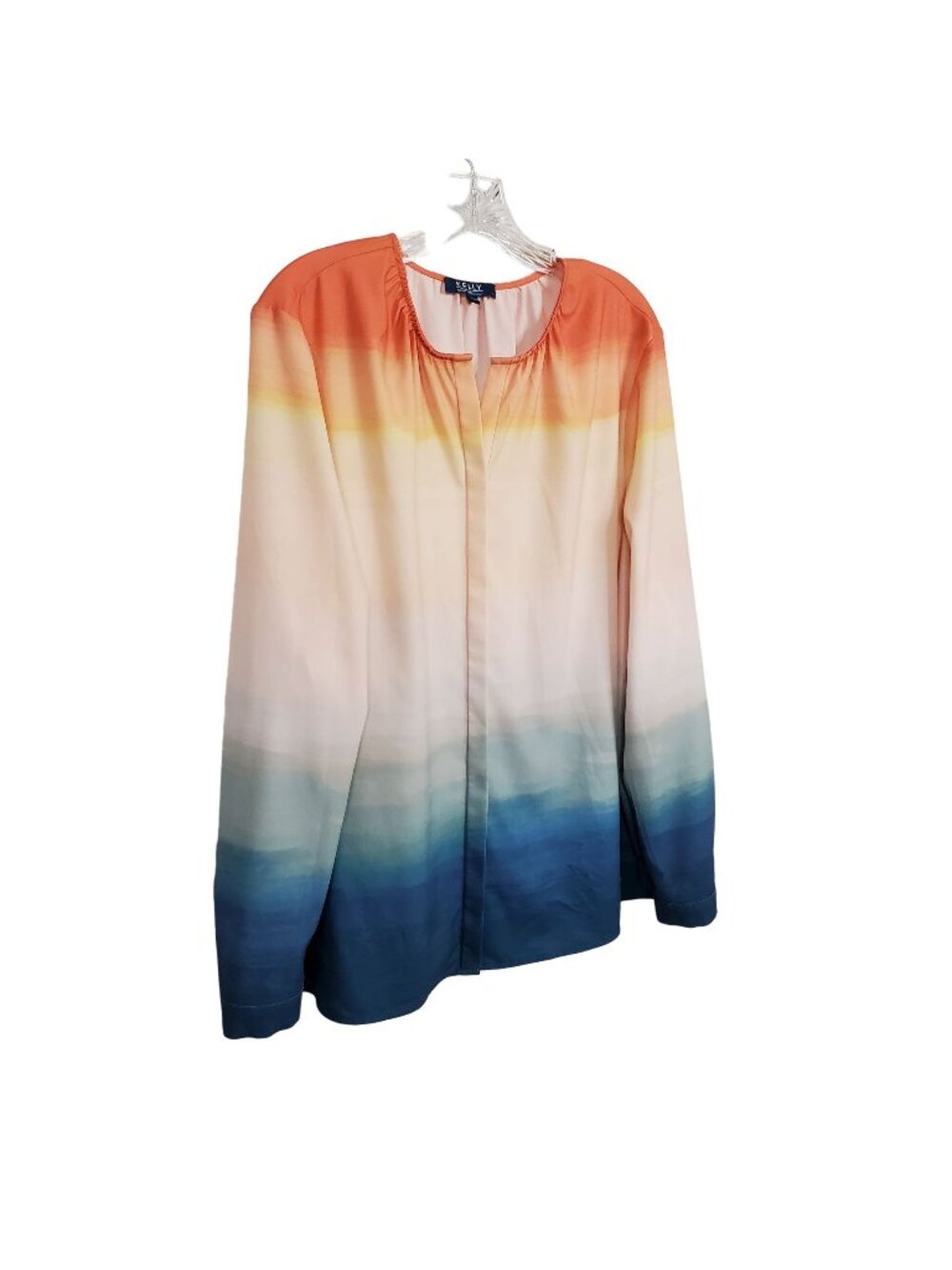 Clinton Kelly Size L Blouse Button Front Sunset Ombre Gradient Orange Blue